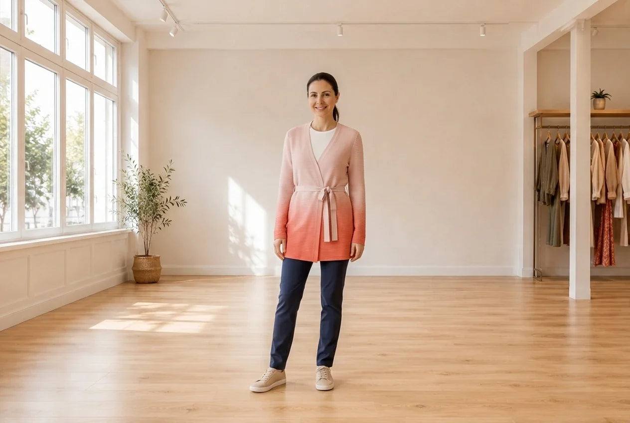 Model wearing Women's Medium Cardigans Women's Ombré Belted Cardigan in Online Warehouse Sale boutique studio