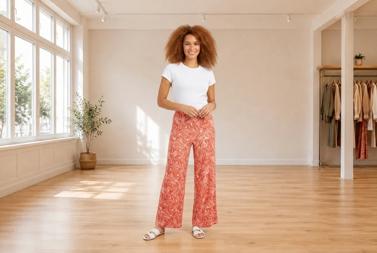Model wearing Women's Medium Pants Women's Printed Wide-Leg Pull-On Pants in Online Warehouse Sale boutique studio