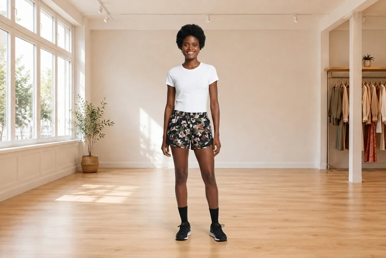 Model wearing Women's Medium Shorts Women's Fly by 2.0 Printed Running Shorts in Online Warehouse Sale boutique studio