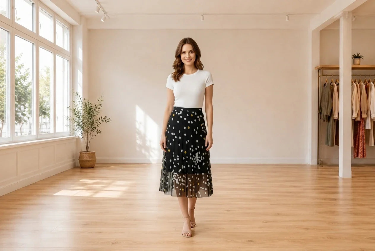 Model wearing Women's Medium Skirts Women's Printed Chiffon Skirt in Online Warehouse Sale boutique studio