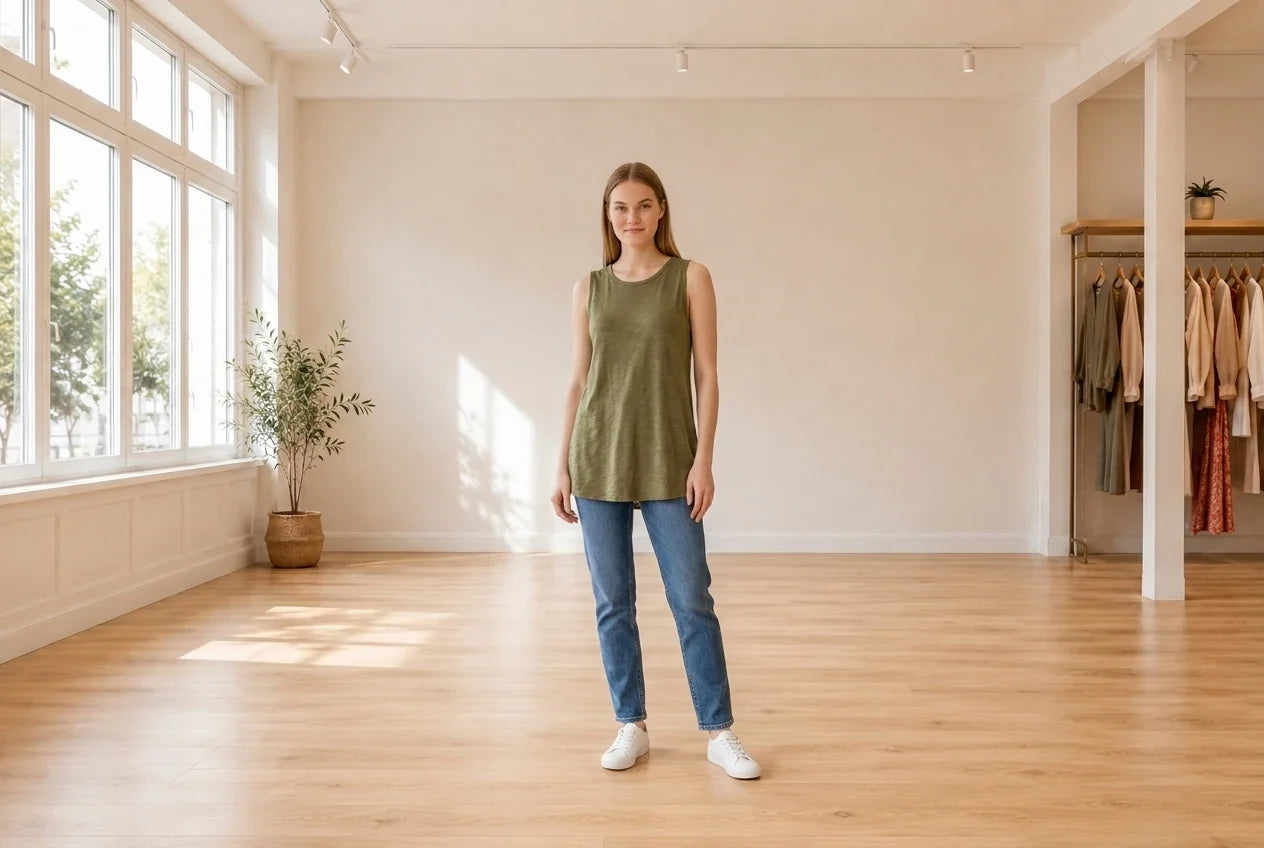 Model wearing Women's Medium T-Shirts Women's Cotton Tunic Tank Top in Online Warehouse Sale boutique studio