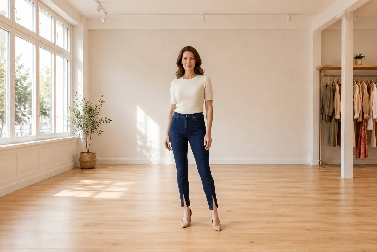 Model wearing Women's Petite Large Jeans Women's Petite Front-Slit Skinny Jeans in Online Warehouse Sale boutique studio