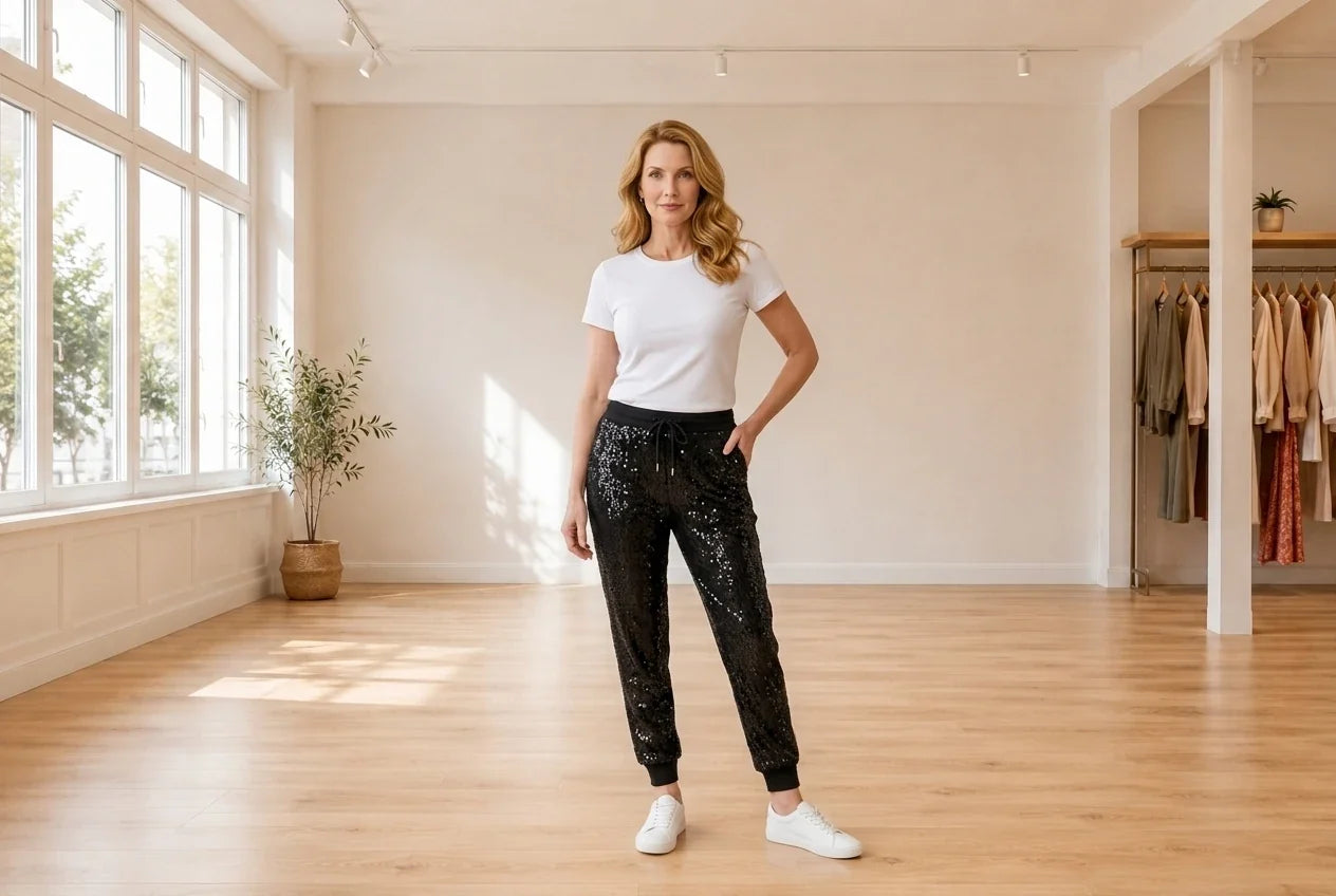 Model wearing Women's Petite Large Loungewear and Pajamas Women's Petite Sequined Jogger Pants in Online Warehouse Sale boutique studio