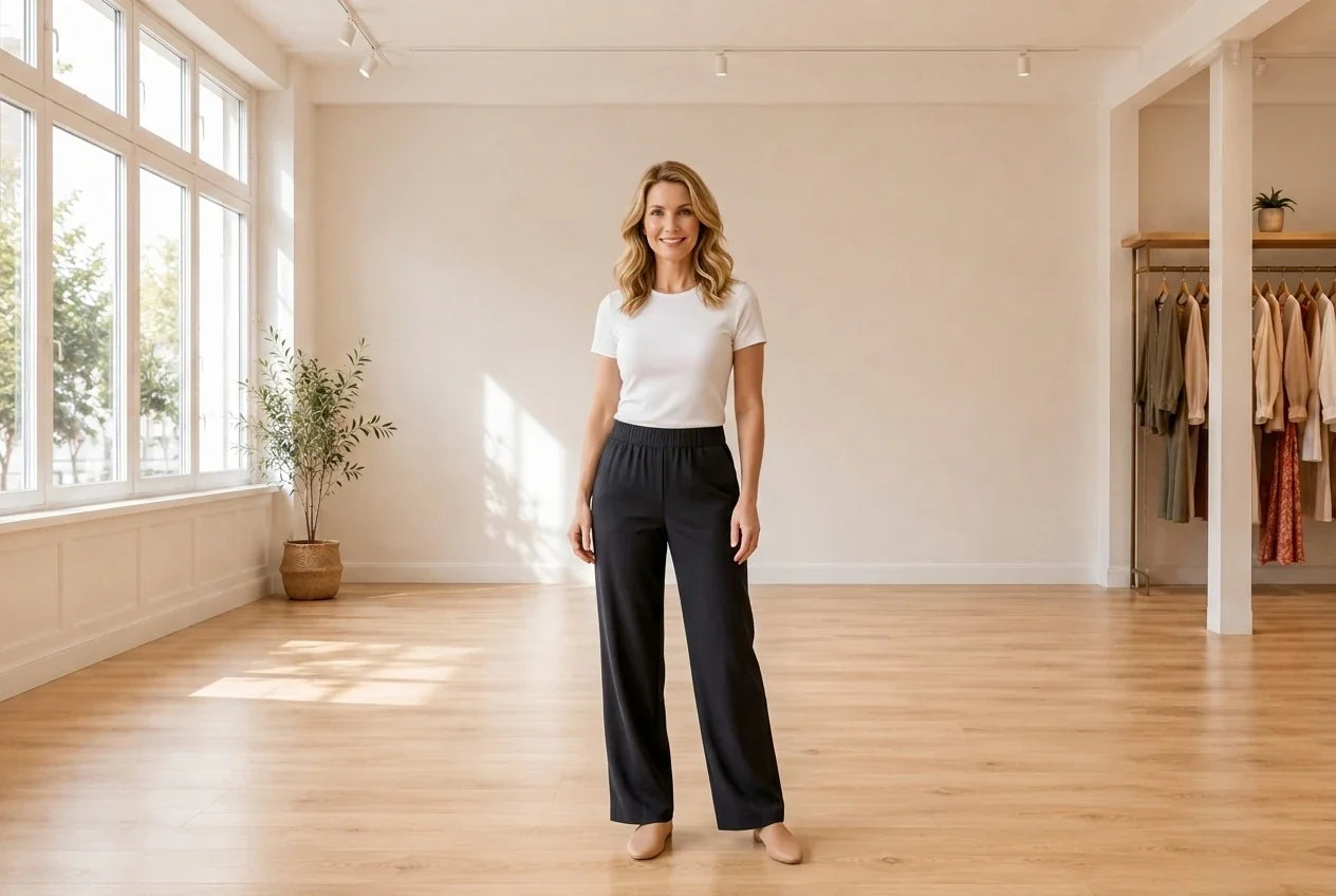 Model wearing Women's Petite Large Pants Women's Petite Cuffed Ankle Pants in Online Warehouse Sale boutique studio