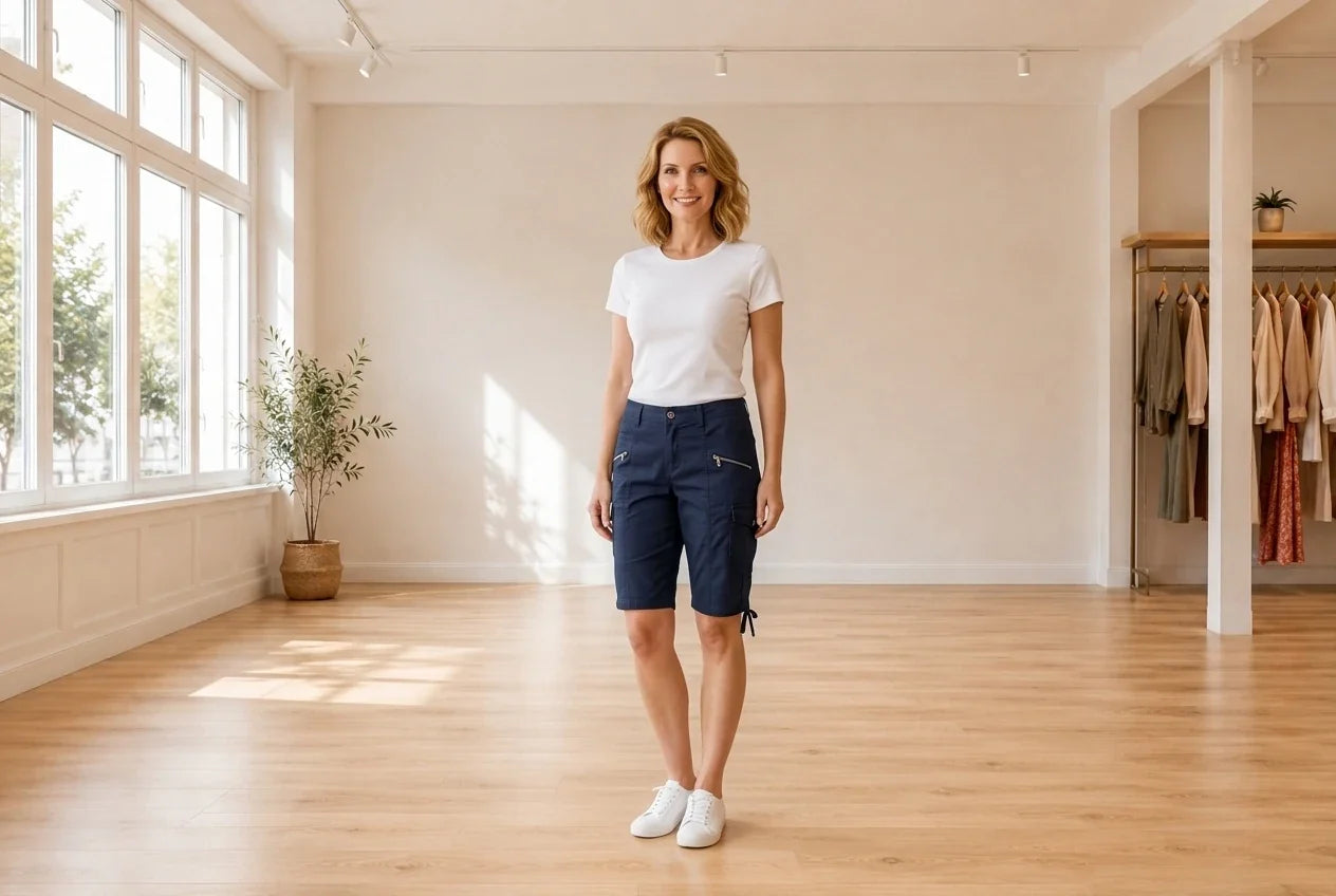 Model wearing Women's Petite Large Shorts Women's Petite Zipper Bermuda Cargo Shorts in Online Warehouse Sale boutique studio