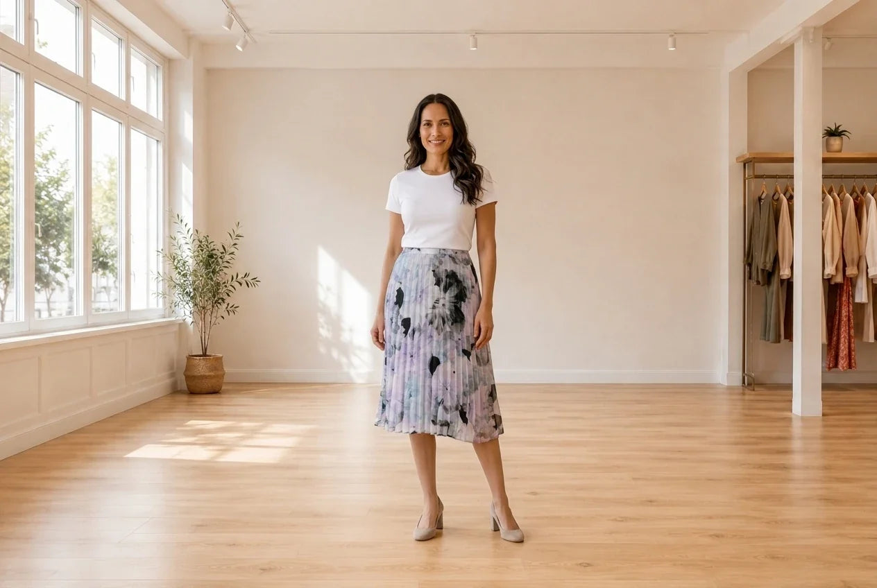 Model wearing Women's Petite Large Skirt Women's Petite Floral-Print Pleated Skirt in Online Warehouse Sale boutique studio