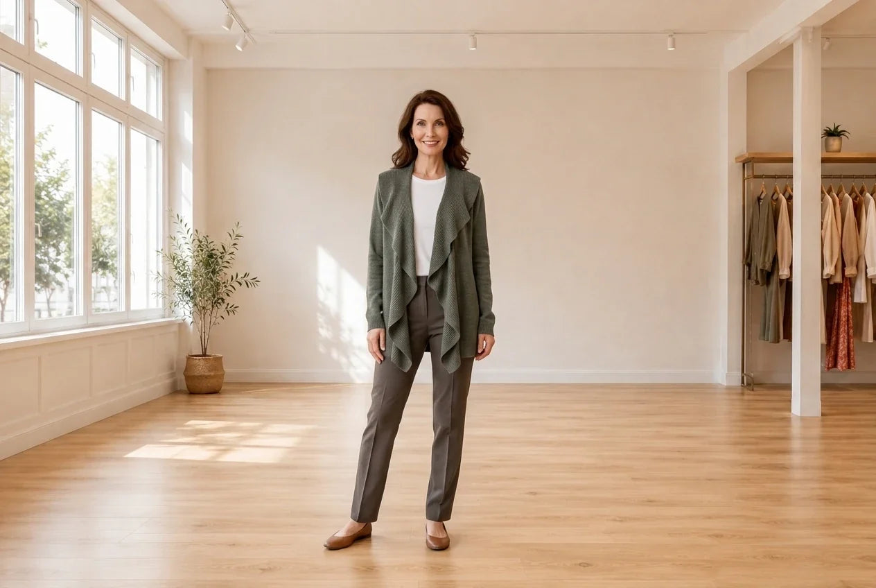 Model wearing Women's Petite Large Sweaters and Cardigans Women's Petite Luxsoft Ruffled Cardigan in Online Warehouse Sale boutique studio