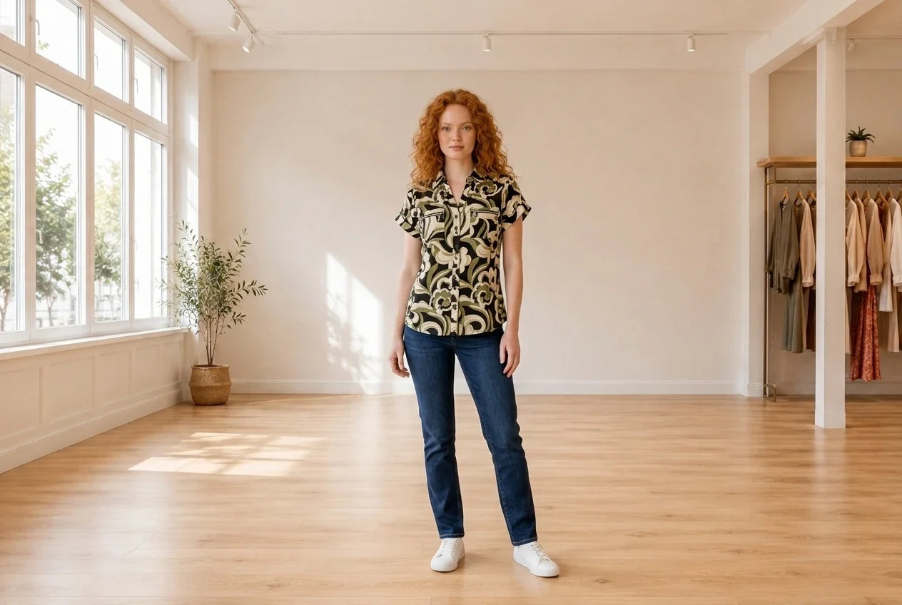 Model wearing Women's Petite Medium Blouses Women's Petite Printed Zip-Pocket Shirt in Online Warehouse Sale boutique studio