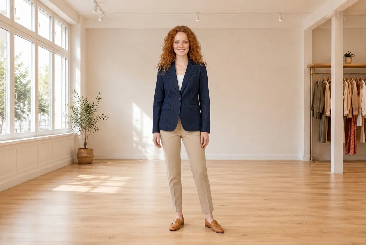 Model wearing Women's Petite Medium Coats, Jackets and Blazers Women's Petite Denim One-Button Jacket in Online Warehouse Sale boutique studio