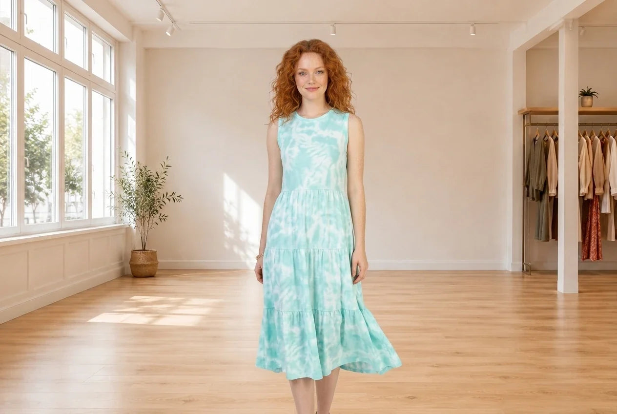 Model wearing Women's Petite Medium Dresses Women's Petite Tiered Crewneck Midi Dress in Online Warehouse Sale boutique studio
