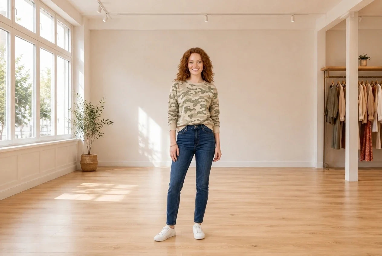Model wearing Women's Petite Medium Hoodies and Sweatshirts Women's Petite Dot Camo Crewneck Sweatshirt in Online Warehouse Sale boutique studio