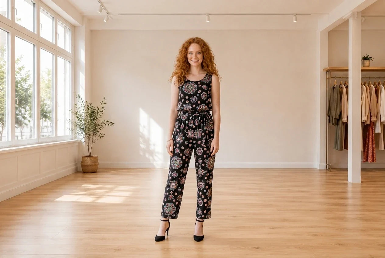 Model wearing Women's Petite Medium Jumpsuits and Rompers Women's Petite Printed Jumpsuit in Online Warehouse Sale boutique studio