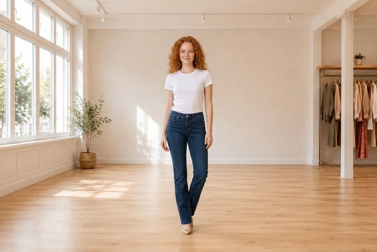 Model wearing Women's Petite Medium Pants Women's Petite Eloise Boot Mid Rise Jeans in Online Warehouse Sale boutique studio