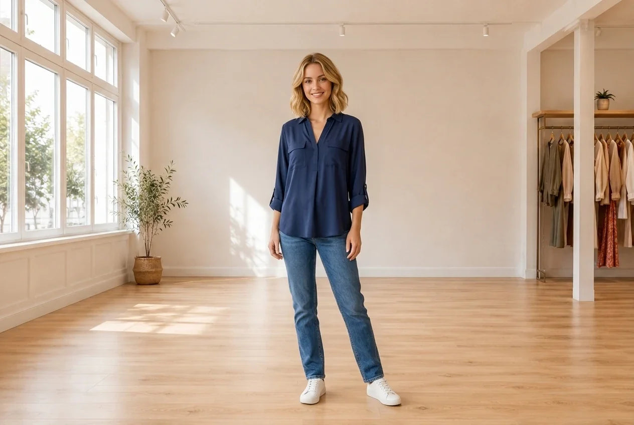 Model wearing Women's Petite Small Blouses Women's Petite Split-Neck Utility Shirt in Online Warehouse Sale boutique studio
