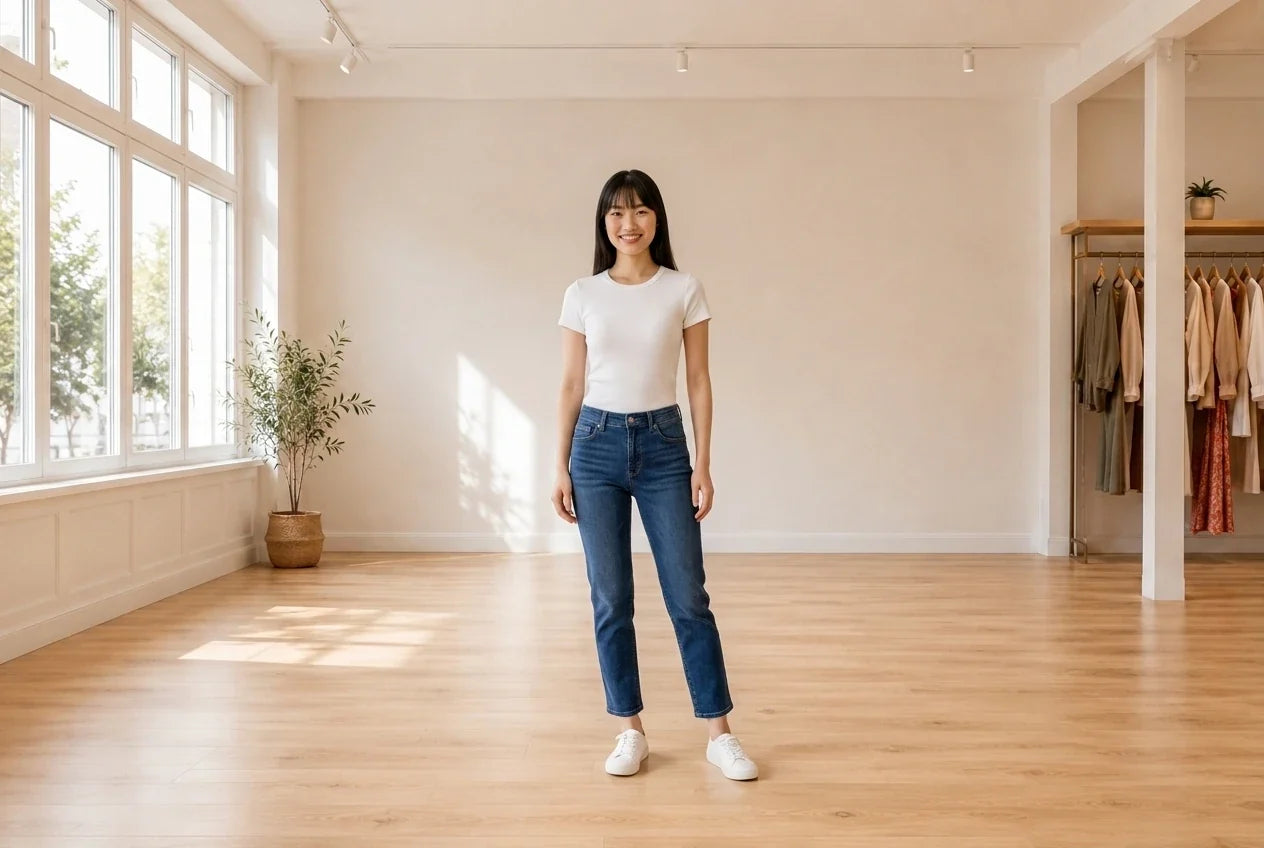 Model wearing Women's Petite Small Pants Women's Petite Short Length Straight-Leg Jeans in Online Warehouse Sale boutique studio