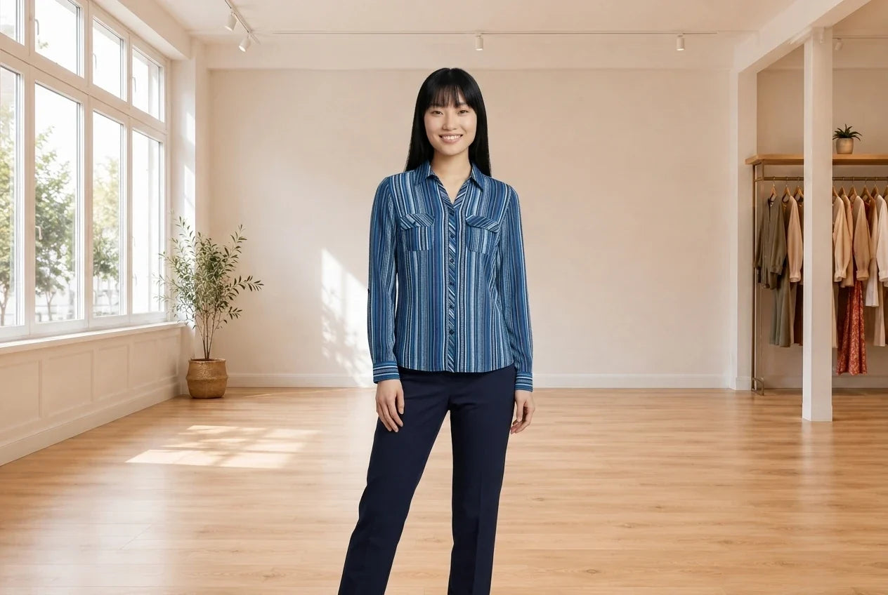 Model wearing Women's Petite Small Shirts and Blouses Women's Petite Printed Utility Shirt in Online Warehouse Sale boutique studio
