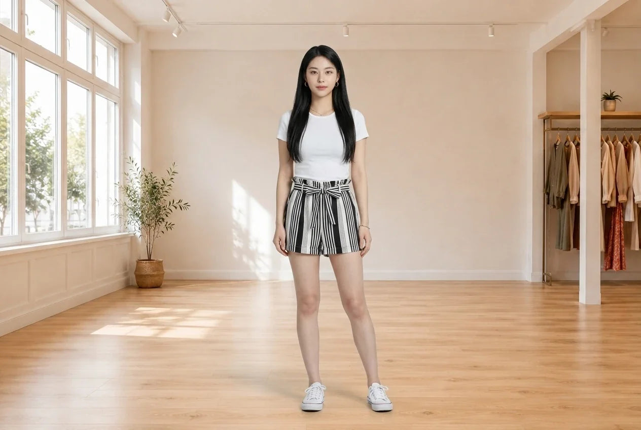 Model wearing Women's Petite Small Shorts Women's Petite Striped Paper Bag Tie-Front Shorts in Online Warehouse Sale boutique studio