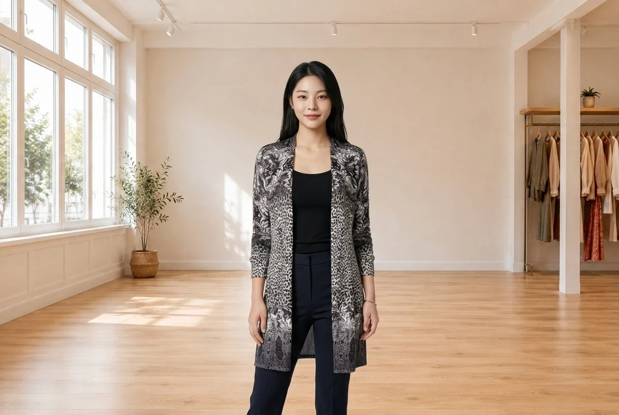 Model wearing Women's Petite Small Sweaters and Cardigans Women's Petite Printed Duster Cardigan in Online Warehouse Sale boutique studio