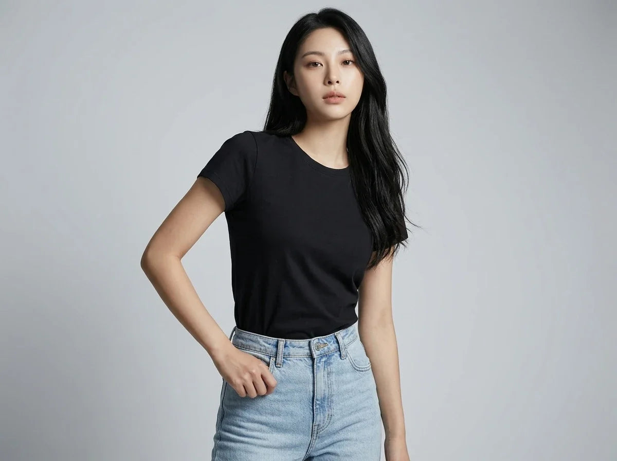 A woman modeling a black short-sleeve crewneck t-shirt paired with light-wash blue jeans, standing against a solid light gray studio background.