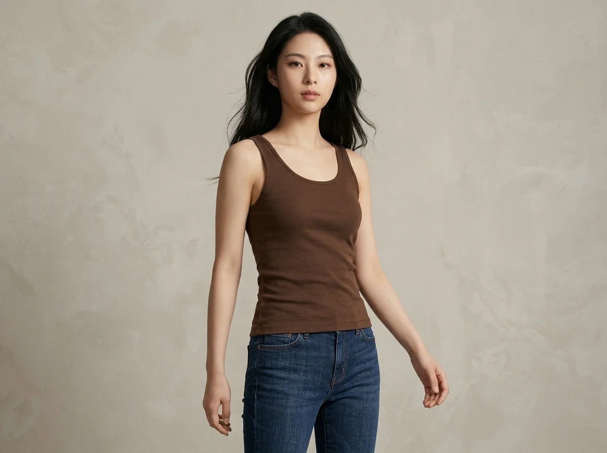 A woman modeling a brown ribbed scoop-neck tank top paired with blue jeans, standing against a textured beige studio backdrop.