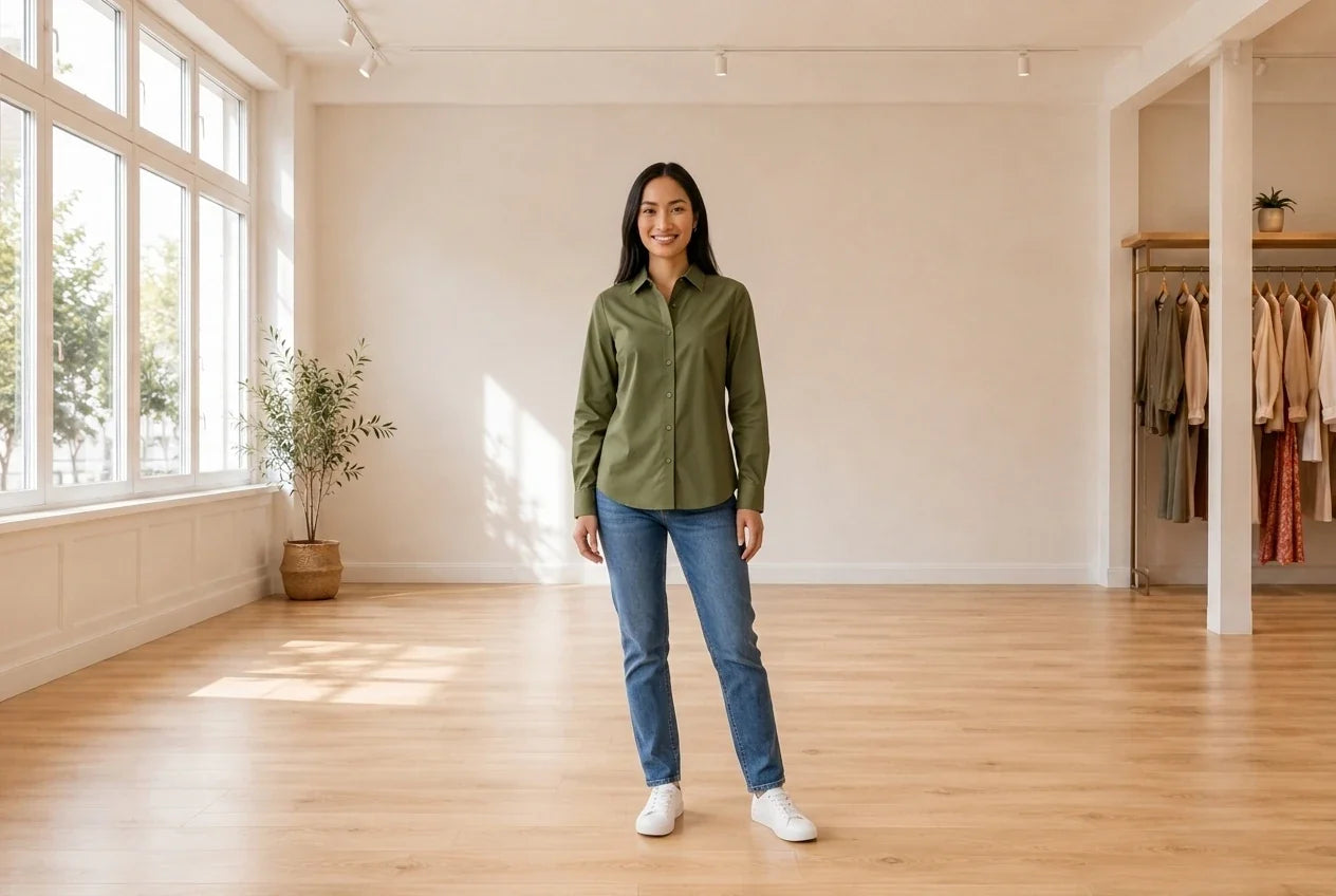 Model wearing Women's Petite X-Large Blouses Women's Petite Solid Button-Up Shirt in Online Warehouse Sale boutique studio