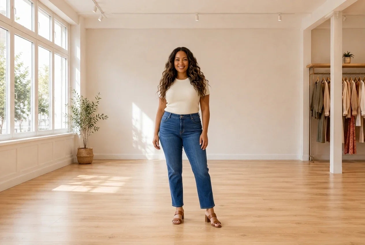 Model wearing Women's Petite X-Large Jeans Women's Petite Short Length Straight-Leg Jeans in Online Warehouse Sale boutique studio