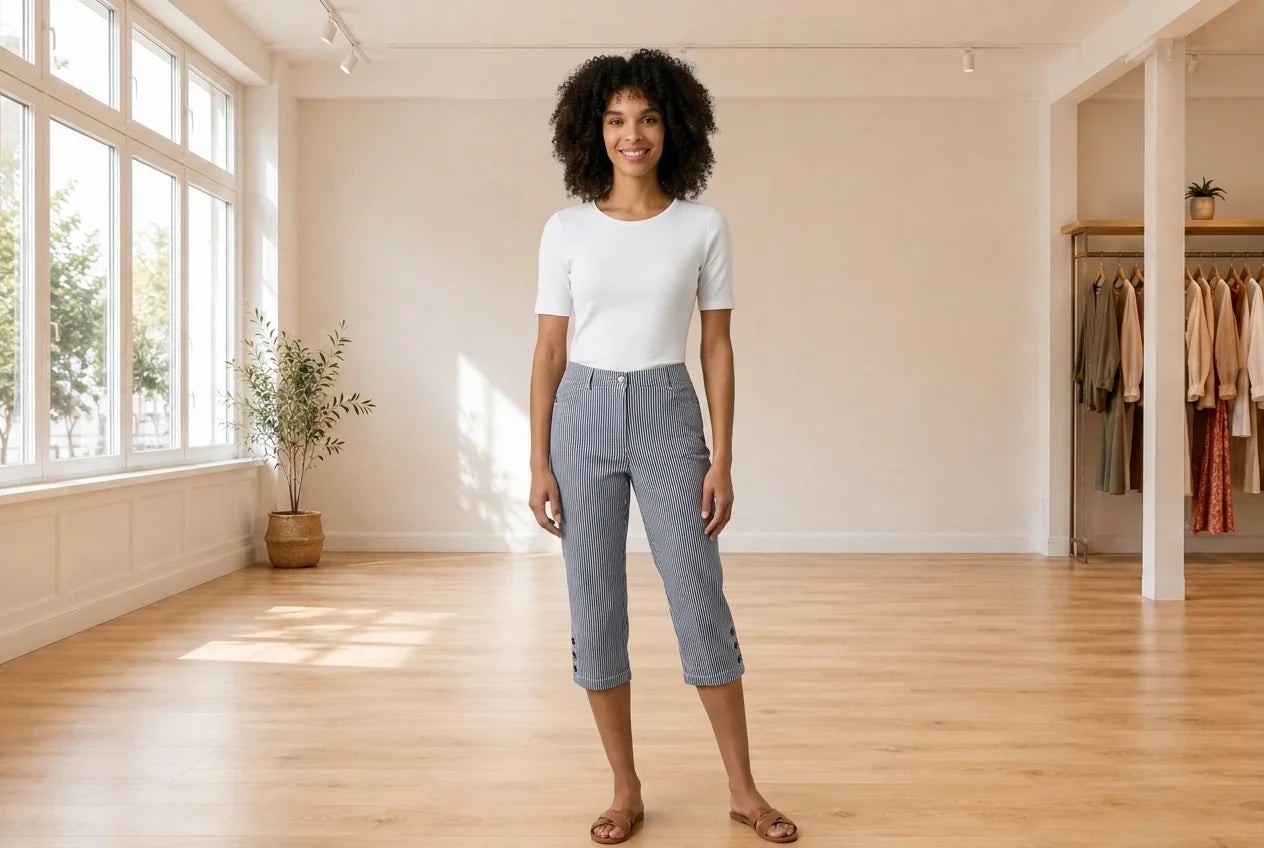 Model wearing Women's Petite X-Large Pants Women's Petite Corded Striped Button-Hem Capri Pants in Online Warehouse Sale boutique studio