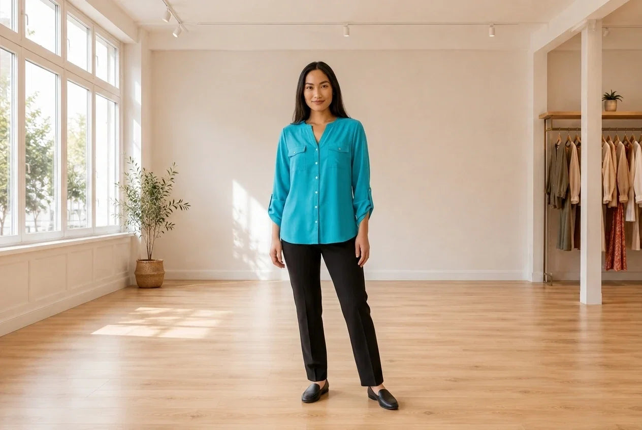 Model wearing Women's Petite X-Large Shirts and Blouses Women's Petite Roll-Sleeve Blouse in Online Warehouse Sale boutique studio