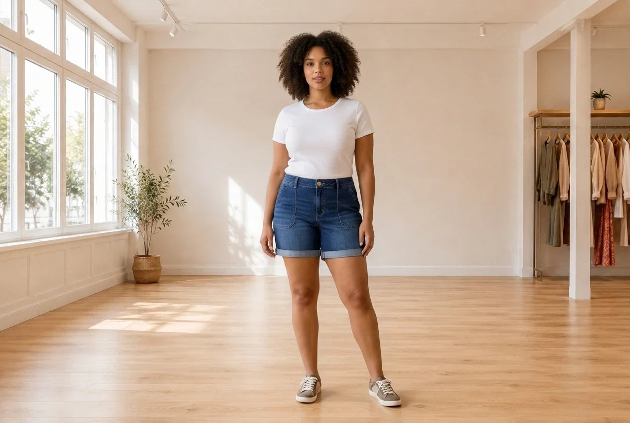 Model wearing Women's Petite X-Large Shorts Women's Petite Roll-Cuffed Shorts in Online Warehouse Sale boutique studio