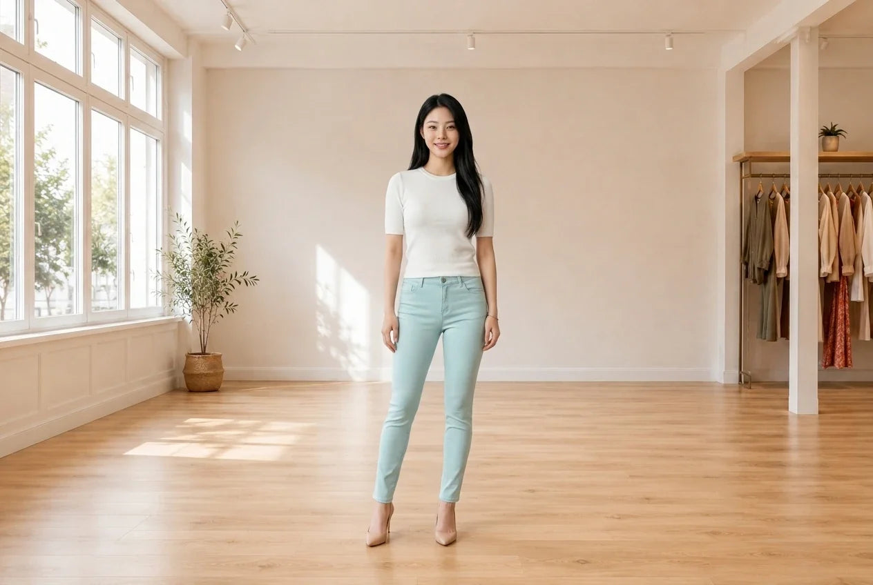 Model wearing Women's Petite X-Small Bottoms Women's Petite Curvy-Fit Skinny Jeans in Online Warehouse Sale boutique studio