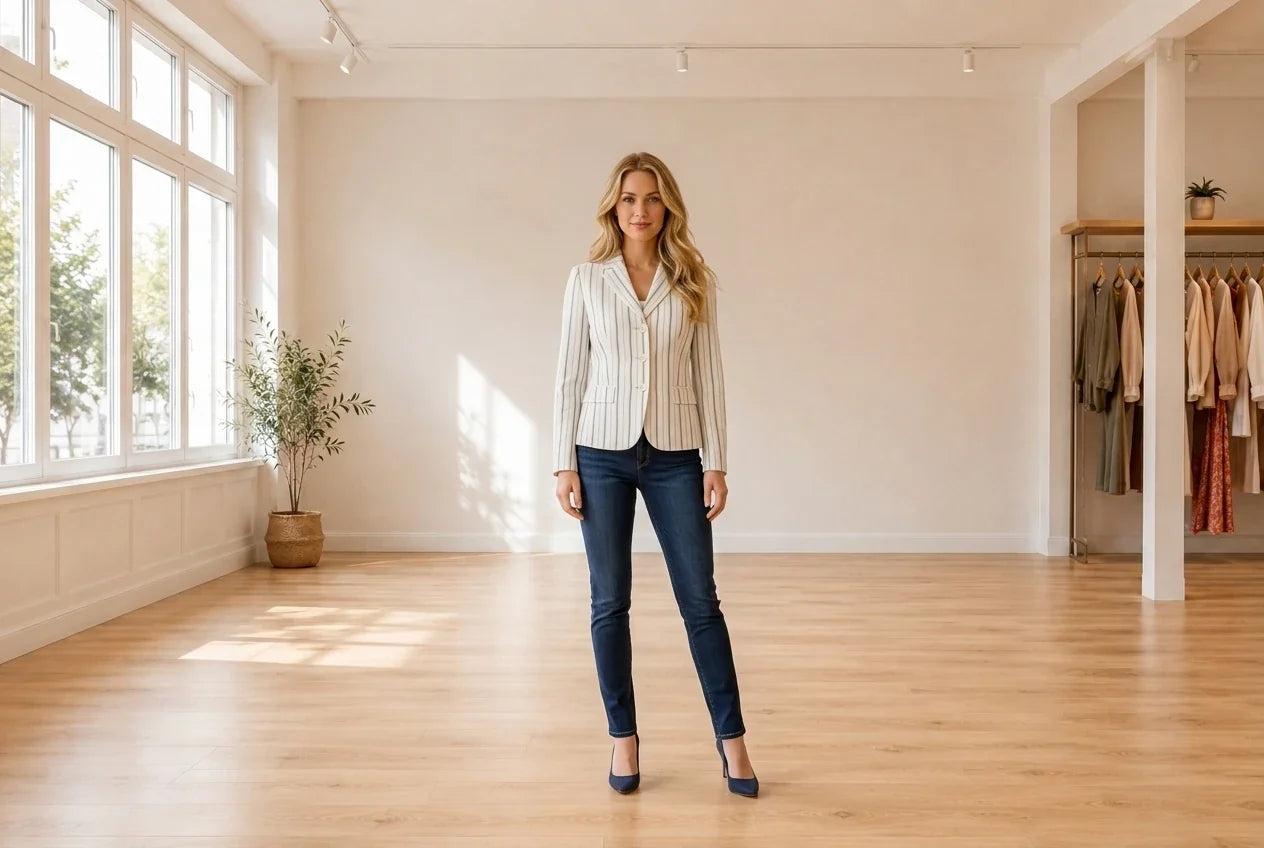 Model wearing Women's Petite X-Small Coats, Jackets and Blazers Women's Petite Shadow-Stripe Jacket in Online Warehouse Sale boutique studio