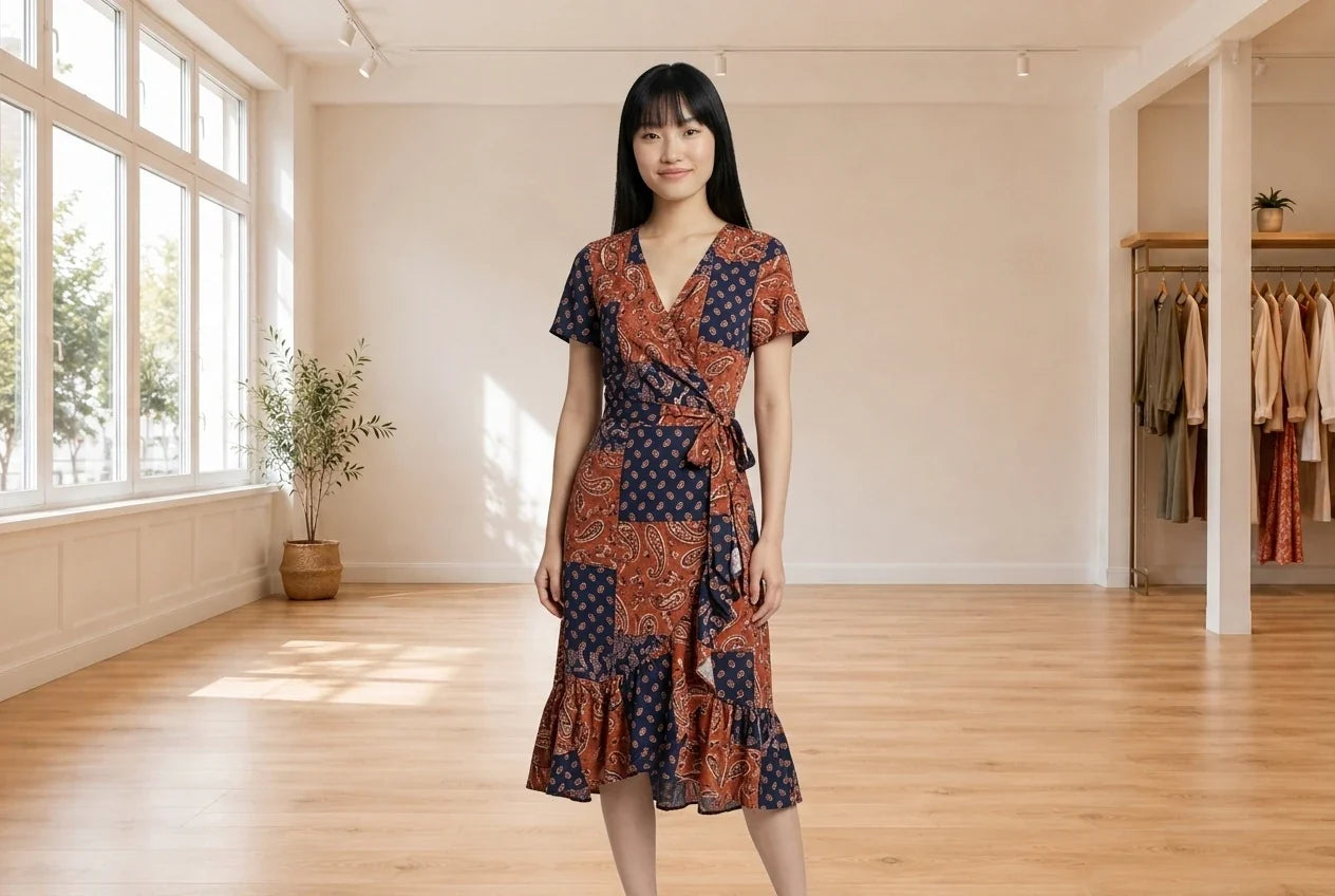 Model wearing Women's Petite X-Small Dresses Women's Petite Patchwork Wrap Midi Dress in Online Warehouse Sale boutique studio