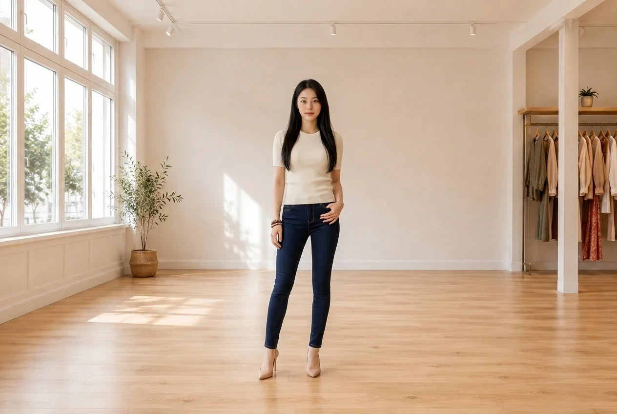 Model wearing Women's Petite X-Small Jeans Women's Petite Skinny Tummy Control Jeans in Online Warehouse Sale boutique studio