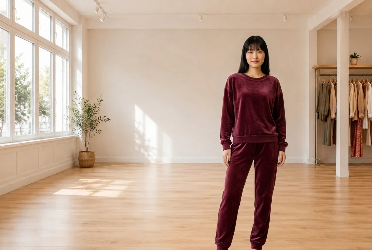 Model wearing Women's Petite X-Small Loungewear and Pajamas Women's Petite Velour Sweatshirt in Online Warehouse Sale boutique studio