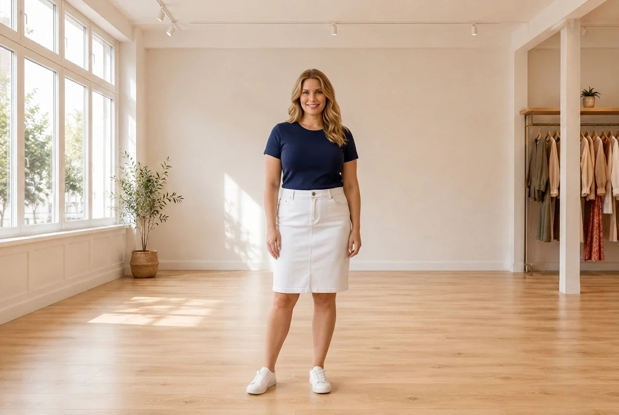 Model wearing Women's Petite XX-Large Bottoms Women's Petite Denim Tummy-Control Skirt in Online Warehouse Sale boutique studio