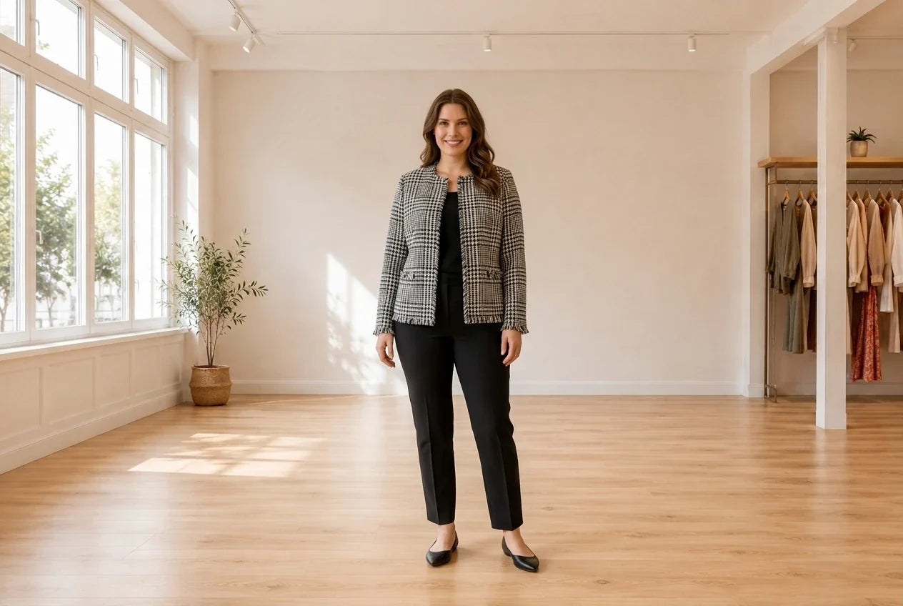 Model wearing Women's Petite XX-Large Coats, Jackets and Blazers Women's Petite Plaid Topper Jacket in Online Warehouse Sale boutique studio