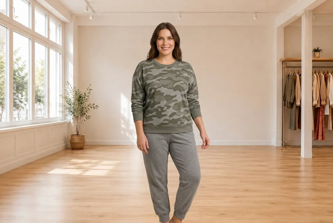 Model wearing Women's Petite XX-Large Loungewear and Pajamas Women's Petite Dot Camo Crewneck Sweatshirt in Online Warehouse Sale boutique studio