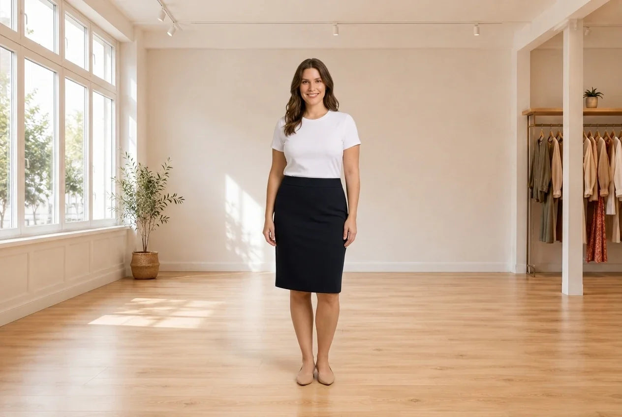 Model wearing Women's Petite XX-Large Skirt Women's Petite Crepe Pencil Skirt in Online Warehouse Sale boutique studio