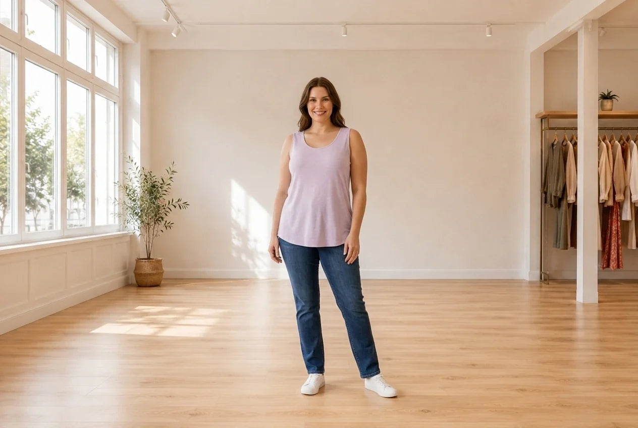 Model wearing Women's Petite XX-Large T-Shirts Women's Petite Scoop-Neck Tank Top in Online Warehouse Sale boutique studio