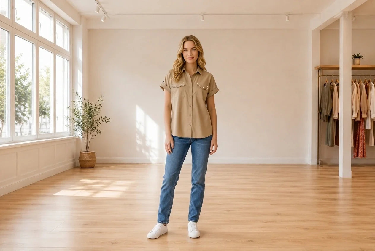Model wearing Women's Petite XX-Small Blouses Women's Petite Embellished Utility Shirt in Online Warehouse Sale boutique studio