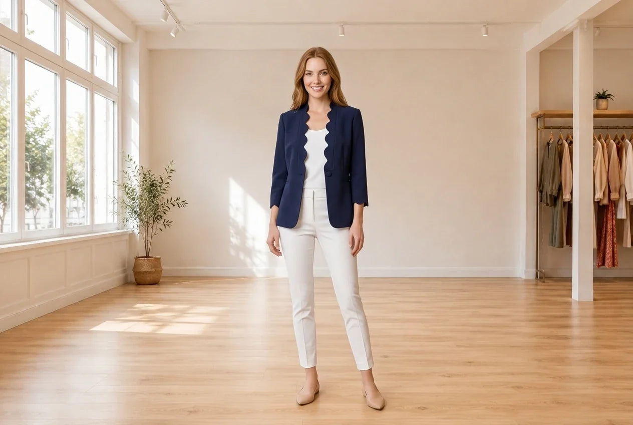 Model wearing Women's Petite XX-Small Coats, Jackets and Blazers Women's Petite Scalloped-Edge Blazer in Online Warehouse Sale boutique studio
