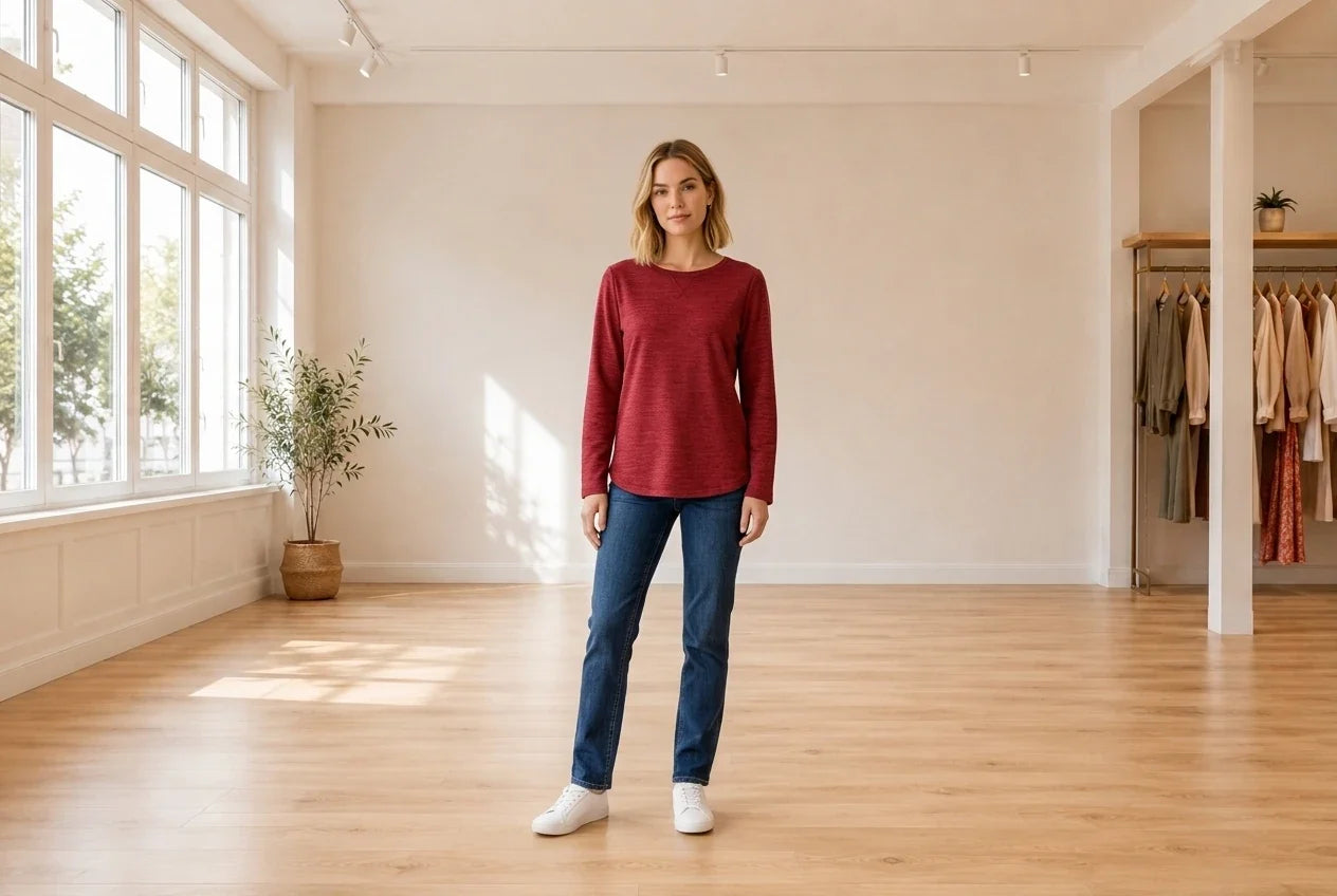 Model wearing Women's Petite XX-Small Hoodies and Sweatshirts Women's Petite Marled Sweatshirt in Online Warehouse Sale boutique studio
