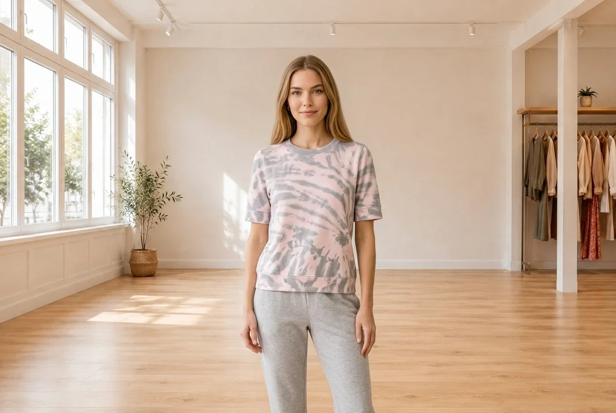 Model wearing Women's Petite XX-Small Loungewear and Pajamas Women's Petite Printed Short Sleeve Sweatshirt in Online Warehouse Sale boutique studio