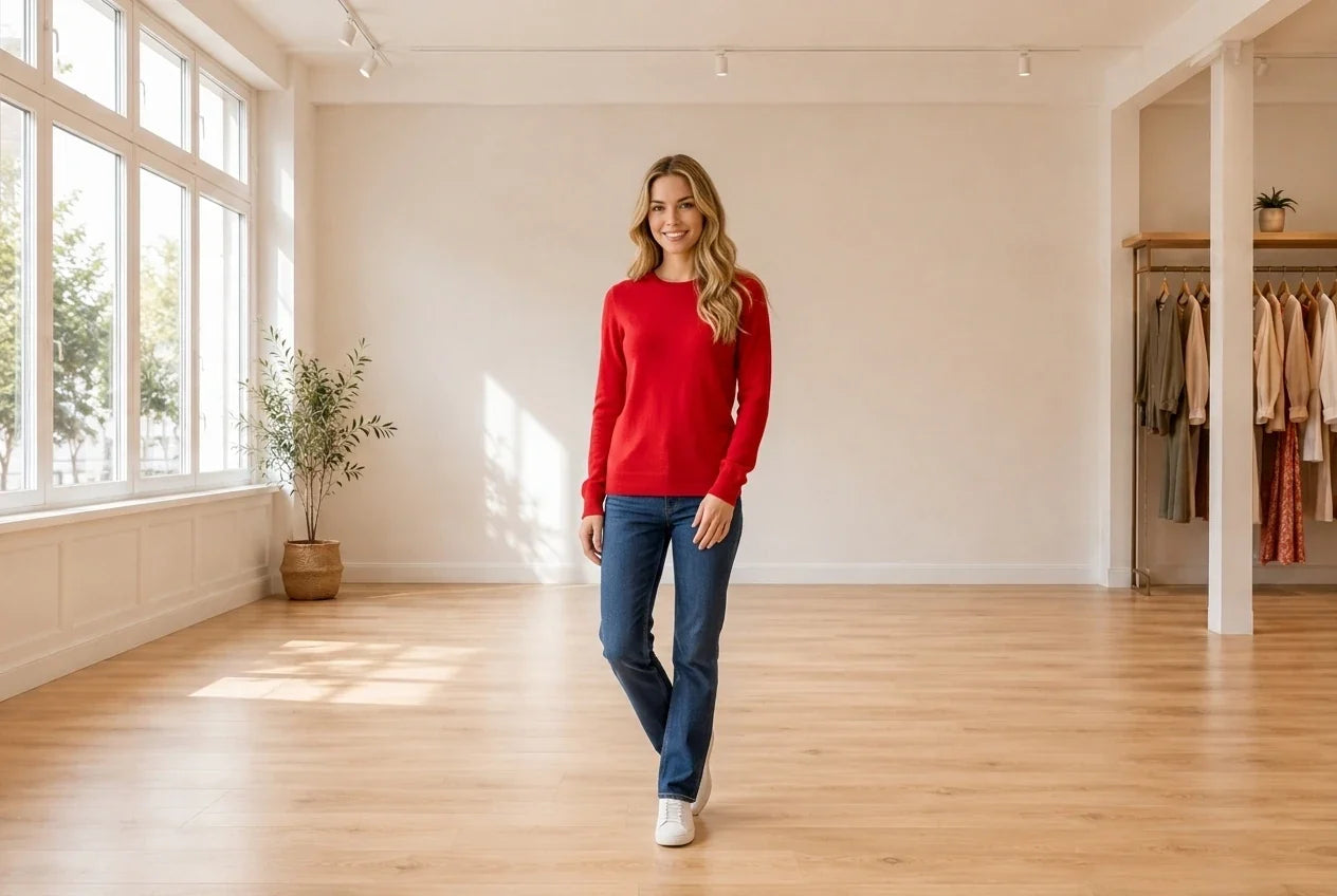 Model wearing Women's Petite XX-Small Sweaters and Cardigans Women's Petite Crew-Neck Cashmere Sweater in Online Warehouse Sale boutique studio