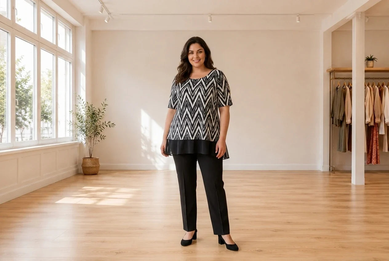 Model wearing Women's Plus 0X Blouses Women's Plus Printed Chiffon-Hem Tunic in Online Warehouse Sale boutique studio