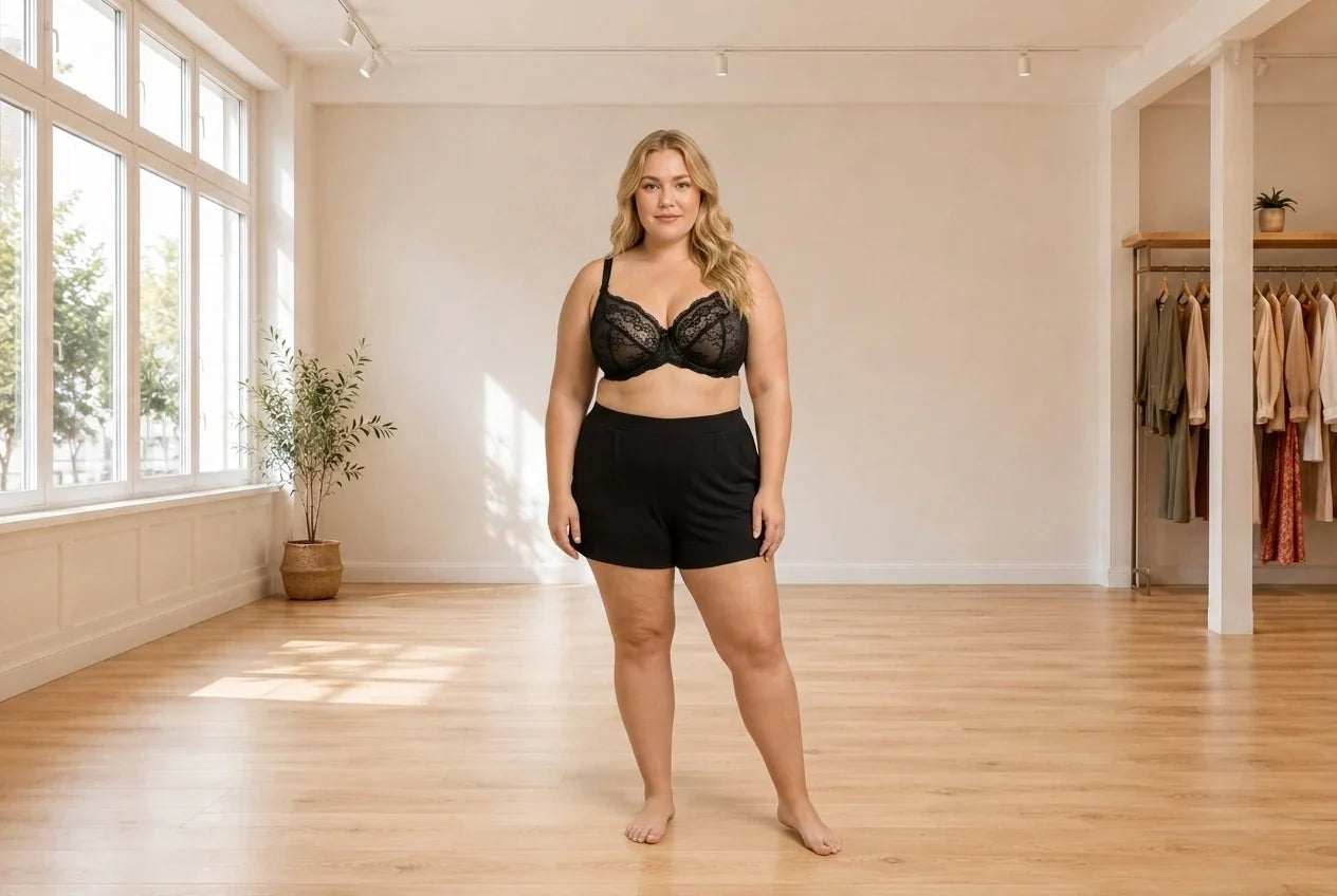 Model wearing Women's Plus 2X Bras lace-trim bralette and matching shorts in Online Warehouse Sale boutique studio