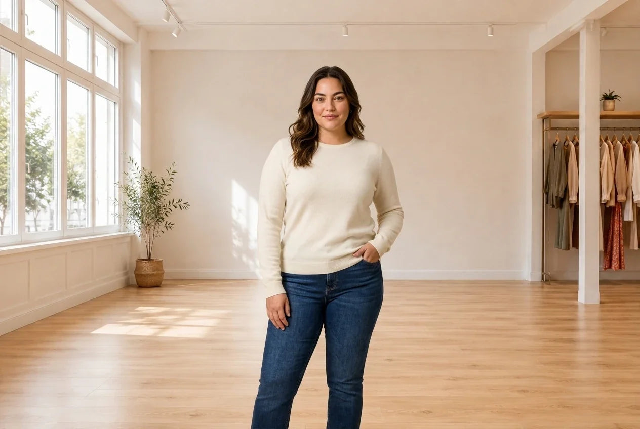 Model wearing Women's Plus 0X Cardigans Women's Plus Cashmere Crewneck Sweater in Online Warehouse Sale boutique studio