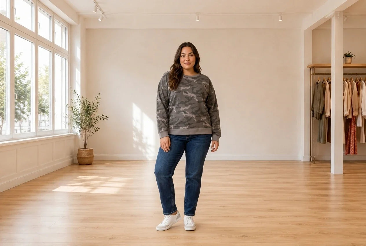 Model wearing Women's Plus 0X Hoodies and Sweatshirts Women's Plus Black Tape Camo-Print Sweatshirt in Online Warehouse Sale boutique studio
