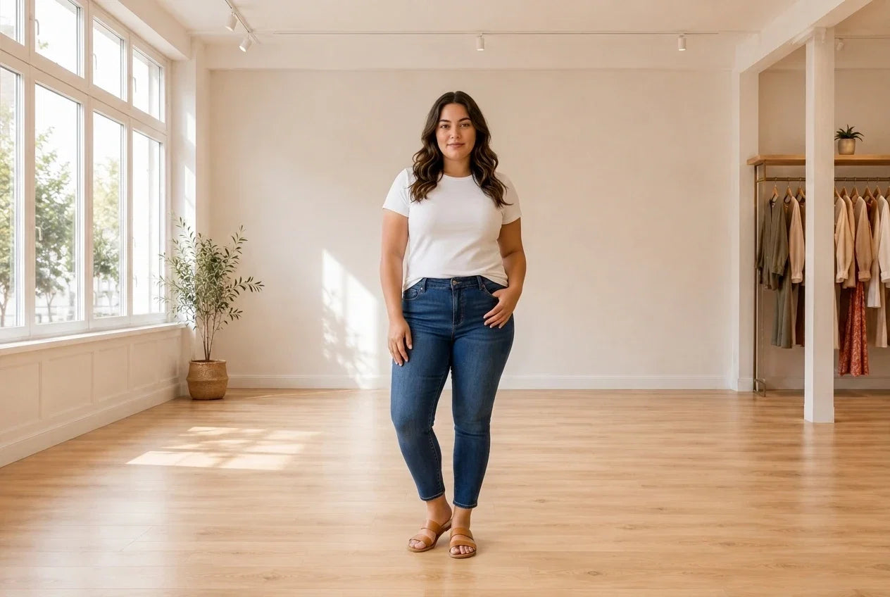 Model wearing Women's Plus 0X Jeans Women's Plus High-Rise Cropped Skinny Ankle Jeans in Online Warehouse Sale boutique studio