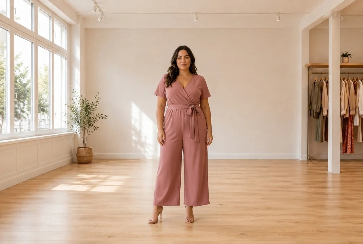 Model wearing Women's Plus 0X Jumpsuits and Rompers Women's Plus Wide-Leg Jumpsuit in Online Warehouse Sale boutique studio
